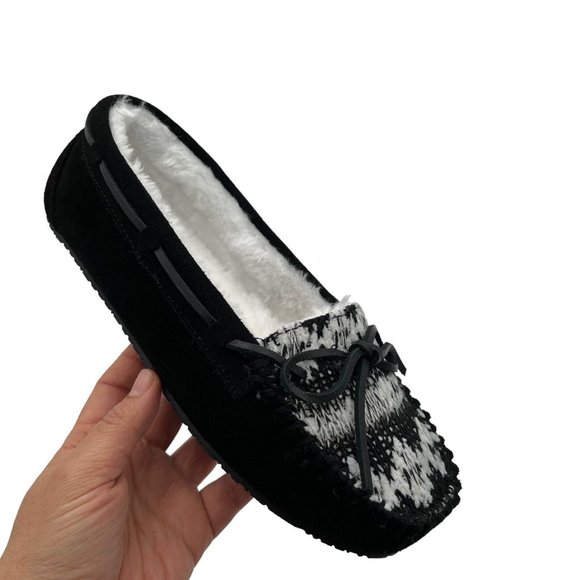 Minnetonka Womens Suede Trapper Slippers Size 9 Black Faux Fur lining Cushioned - Picture 1 of 16